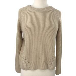 Pink Rose Sweater Womens Medium Cream Knit Embellished Long Sleeve Crew Neck